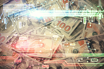 Double exposure of data theme drawing over us dollars bill background. Technology concept.