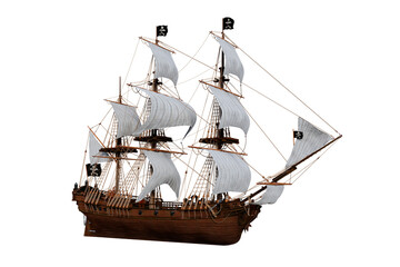 3D illustration of an old wooden pirate sailing ship isolated on a transparent background. - obrazy, fototapety, plakaty