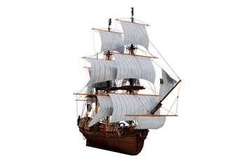 Front perspective 3D illustration of an old wooden pirate sailing ship isolated on a transparent background. - obrazy, fototapety, plakaty