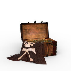 3D illustration of a wooden pirate treasure chest with Jolly Roger flag draped over the side isolated on a transparent background.