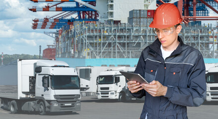 Port manager with a digital tablet against the background of a trucks and ship loaded with...