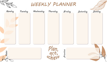 Weekly organizer, planner in pastel color with natural decor, motivational lettering, text. For organizing plans and motivation.