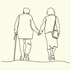 Elderly couple in continuous line art drawing style. Senior man and woman walking together holding hands. Minimalist black linear sketch isolated on white background. Vector illustration
