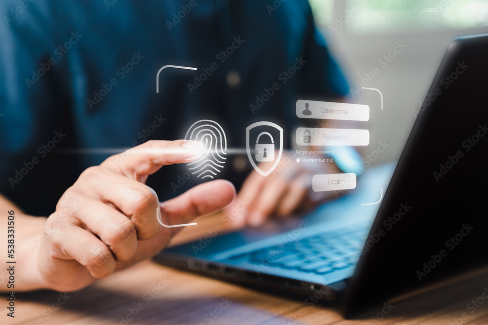 Poster Man login with fingerprint scanning technology in the computer. Secure encryption and access to the user's private information to access the Internet.