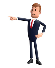 3D cartoon businessman with pointing gesture. Businessman 3D character