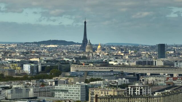 France, Paris aerial view, drone shot, aerial view flying above buildings.