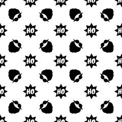 Christmas vector pattern. Seamless background with a beard, mustache, and text Ho Ho Ho in stars. Black elements on white color. Design for poster backdrop, gift wrappers, textiles, fabrics.