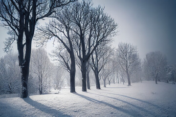 Snowy scenery with trees during winter, cold and isolated mood