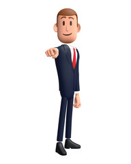 3D cartoon businessman with pointing gesture. Businessman 3D character