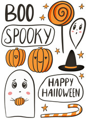 Cute pictures with pumpkins, ghost and Halloween elements, on a white isolated background