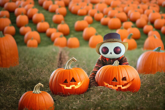 Cute kawaii scarecrow in a pumpkin field, jack o lantern,  halloween themed, made by AI