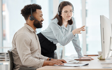 Call center, team manager and employee training on computer monitor for company advice, goal or target communication. Teamwork, leadership and coaching woman for telemarketing customer service agent