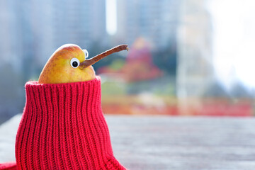 Pear character in red sweater by a window