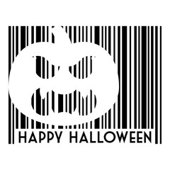 Logo con texto Happy Halloween con código de barras con líneas con calabaza en espacio negativo