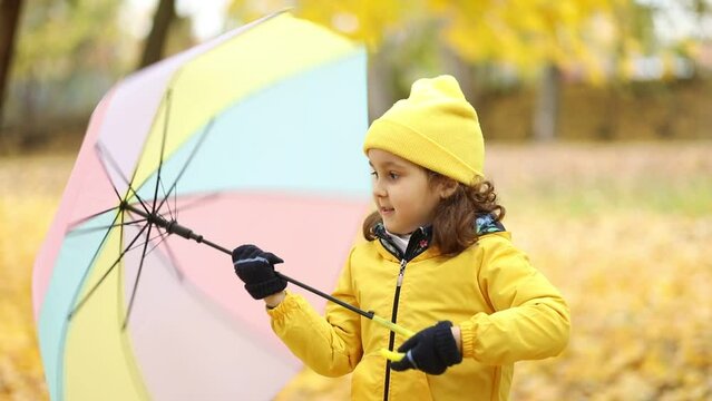 Happy cute child girl in yellow raincoat and cap walking in park or forest and playing spinning umbrella