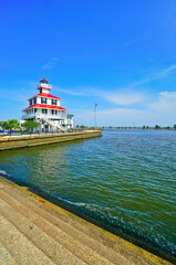 View of a lighthouse on the shore of Lake Pontchartrain in New Orleans.