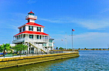 View of a lighthouse on the shore of Lake Pontchartrain in New Orleans.