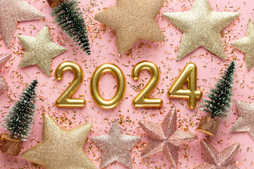 Happy New Year 2024 poster. Christmas background with gold 2023 numbers.