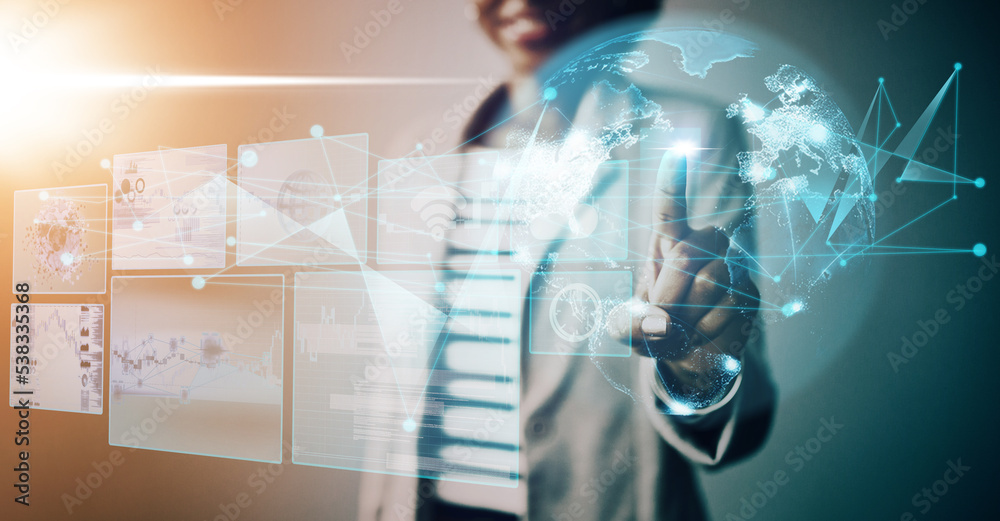 Poster Technology, big data and AI software interface, businesswoman and business innovation, global networking. Black woman, touching and programmer, futuristic system and development with world hologram