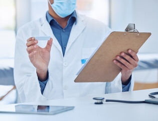 Doctor hands check covid rapid antigen clipboard test results in healthcare hospital, medical risk...
