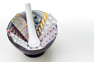 All the equipment needed for the production of drugs and medicines in capsule form. Pills and mortar