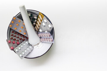 All the equipment needed for the production of drugs and medicines in capsule form. Pills and mortar