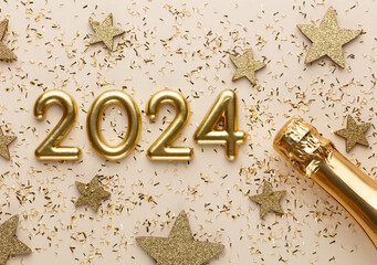 Happy New Year 2024 poster. Christmas background with gold 2023 numbers.