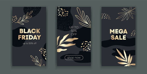 Set of Luxury gold Black Friday Sale instagram Stories template. Botanical Social media banner with leaves and abstract shapes
