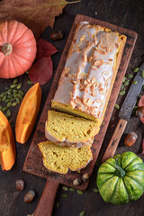 Sweet pumpkin pound cake made of vegetables and cinnamon.
