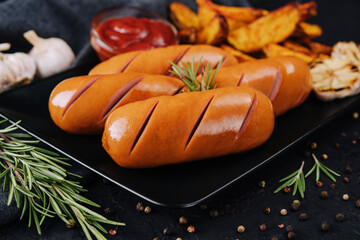 Fried sausages with potatoes and ketchup