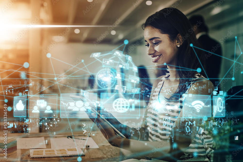Poster Internet , networking and digital transformation with woman and tablet for global communication, website and technology abstract. Big data, iot future and cloud computing innovation with employee