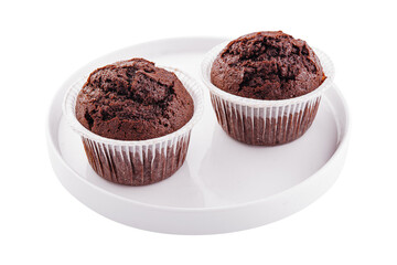 Chocolate cupcakes on a plate isolated on white