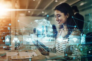 Internet , networking and digital transformation with woman and tablet for global communication, website and technology abstract. Big data, iot future and cloud computing innovation with employee