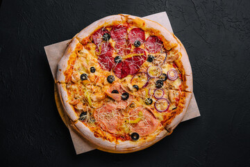 composition with slices of different delicious pizzas