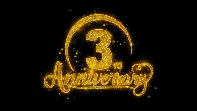 3rd Happy Anniversary typography text Reveal from Golden on Glitter Shiny Magic Particles Sparks. For Greeting Card, Celebration, Wishes, Events, Message, holiday, festival concept