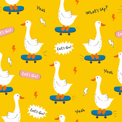 Hand drawn pattern with cute cartoon goose, skate. Illustration in hand drawn style for kids clothing, textiles, children's room design. Vector illustration Seamless pattern.