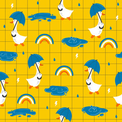 Hand drawn spring pattern with cute cartoon goose, rainbow, umbrella. Illustration in hand drawn style for kids clothing, textiles, children's room design. Vector illustration Seamless pattern.