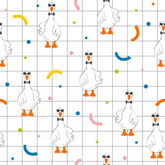Hand drawn pattern with cute cartoon goose. Illustration in hand drawn style for kids clothing, textiles, children's room design. Vector illustration Seamless pattern.