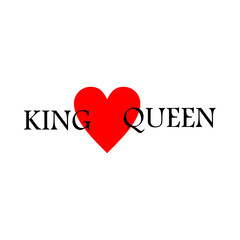 King and queen - couple design. Black text and red crown heart on white background.Hand lettering with word Queen, King. Background with white background.
