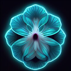 Illustration of glowing luminescent magic flower on a black background. Digital artwork.