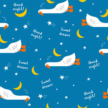 Hand drawn pattern with cute cartoon goose, moon, stars. Illustration in hand drawn style for kids clothing, textiles, children's room design. Vector illustration Seamless pattern.