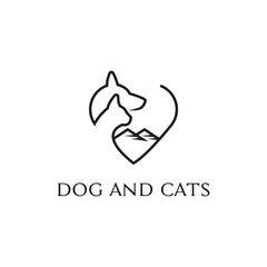 Dog and cat logo with mountains and hearts made with lines. Simple and modern.