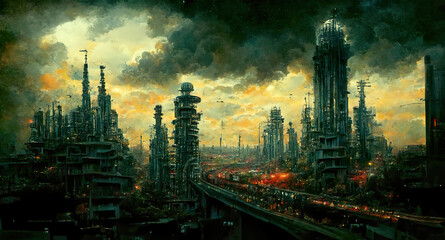 An illustration of a futuristic cyberpunk looking post apocalyptic cityscape at sunrise