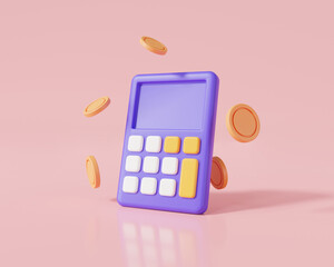 Minimal style calculator with floating coins. Math device calculate, calculator for accounting, Math Tool, calculation economics, budget. Financial management concept. 3d icon rendering illustration - obrazy, fototapety, plakaty
