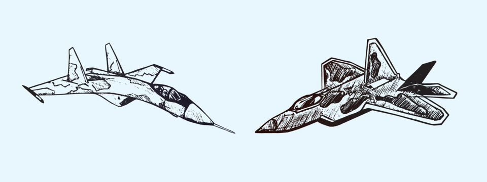 Military airplane Su and Raptor, hand drawn doodle sketch, isolated vector outline illustration