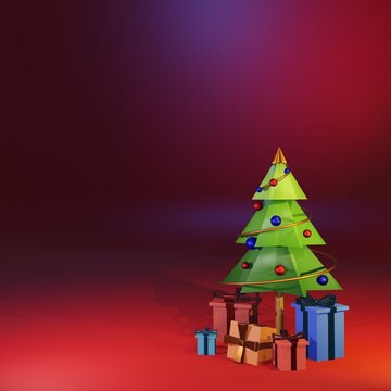 3D Christmas Tree with gift boxes on blurred dark red and purple background