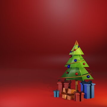 3D Christmas Tree with presents on blurred dark red background