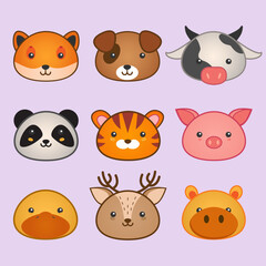 Set of Cute animals faces, pig, deer and illustration