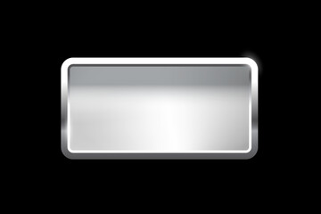 Silver rectangle button with frame vector illustration. 3d steel glossy elegant design for empty emblem, medal or badge, shiny and gradient light effect on plate isolated on black background