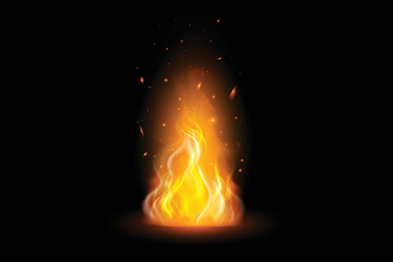 Realistic burning fire flames with shiny bright elements.